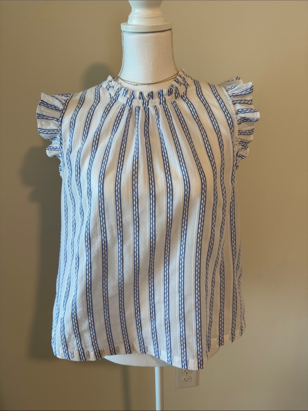 Anthropologie White and Blue Striped Ruffle-Sleeve Blouse